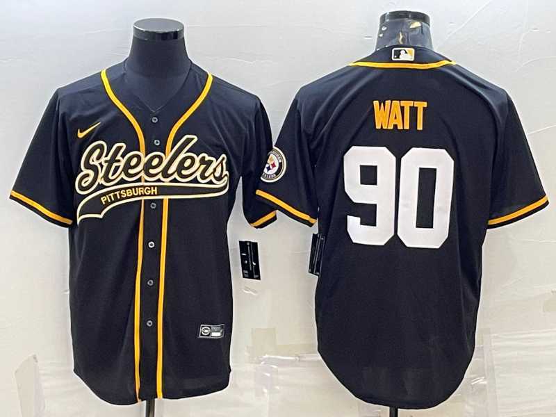 Mens Pittsburgh Steelers #90 TJ Watt Black With Patch Cool Base Stitched Baseball Jersey->pittsburgh steelers->NFL Jersey